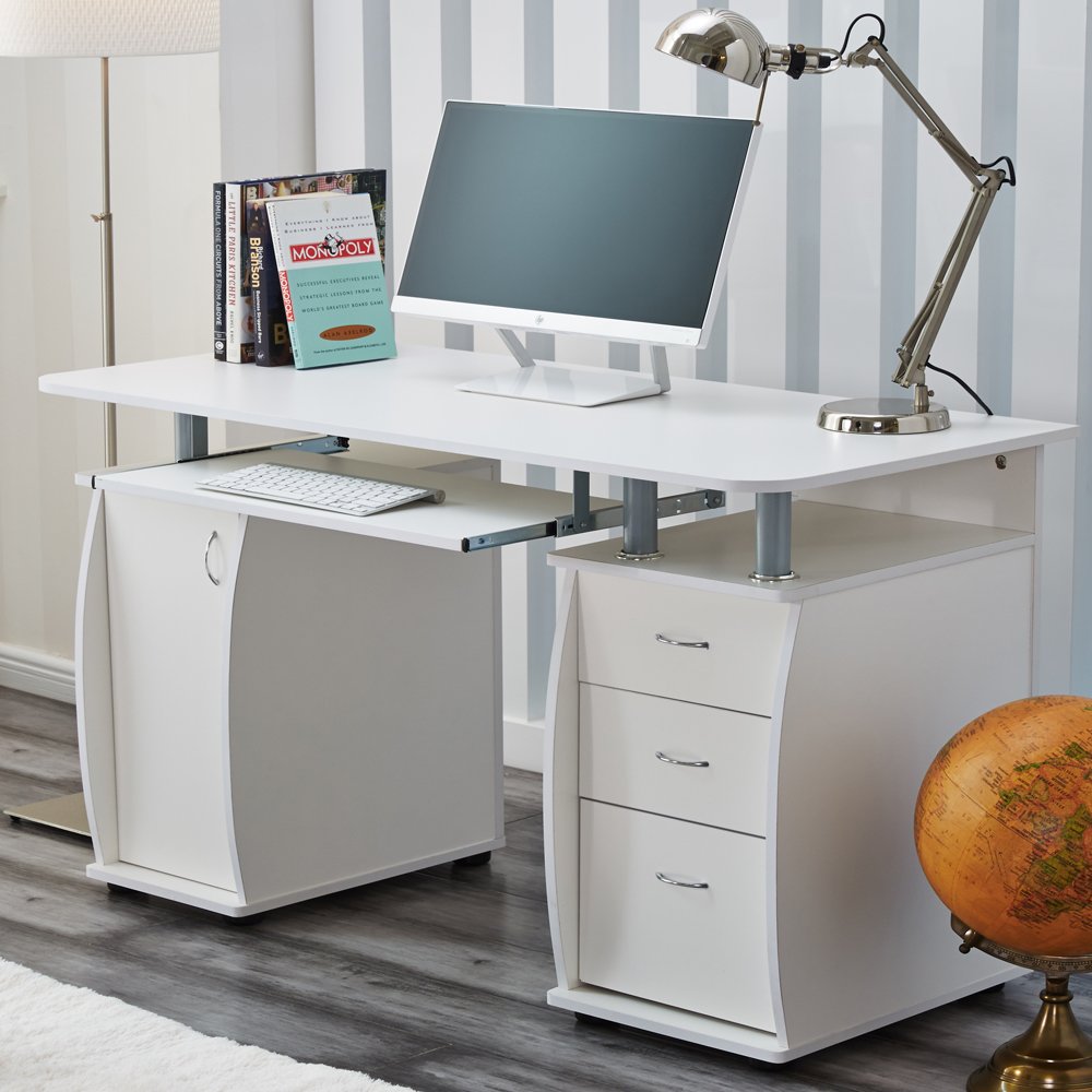 RayGar White Deluxe Design Computer Desk with Cabinet and 3 Drawers for Home Office Table Workstation - New White - image 2