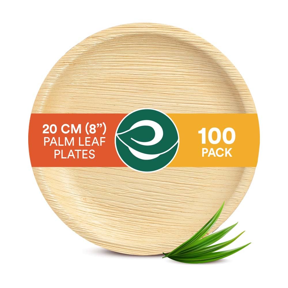 Eco Soul 100-Pack Palm Leaf Plates – 8 Inch Round Compostable Tableware
