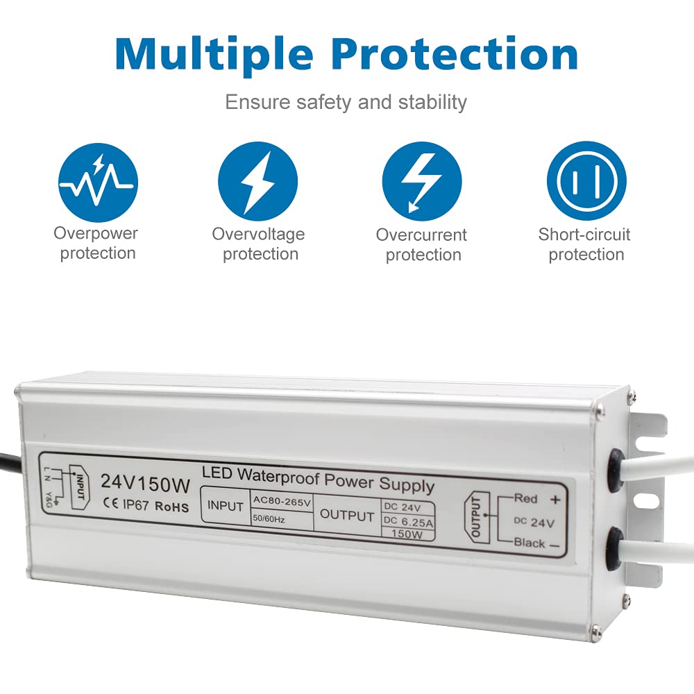 inShareplus 24V 150W LED Power Supply | IP67 Waterproof Outdoor Driver