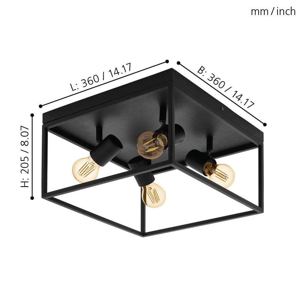 Eglo Silentina 4-Light Flush Ceiling Lamp | Black Steel Industrial Design