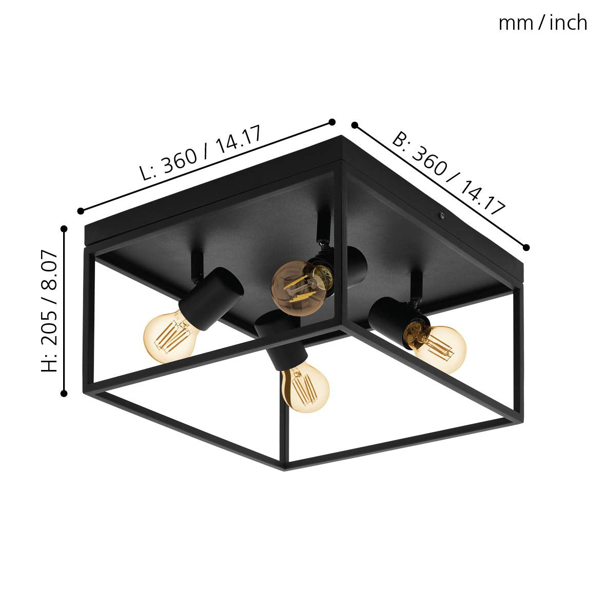 Eglo Silentina 4-Light Flush Ceiling Lamp | Black Steel Industrial Design