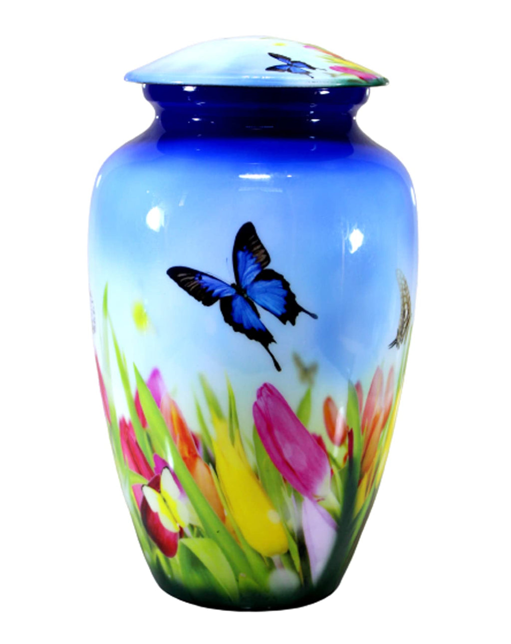 eSplanade Metal Cremation Urn - Blue Butterfly Memorial Jar for Ashes - 10"