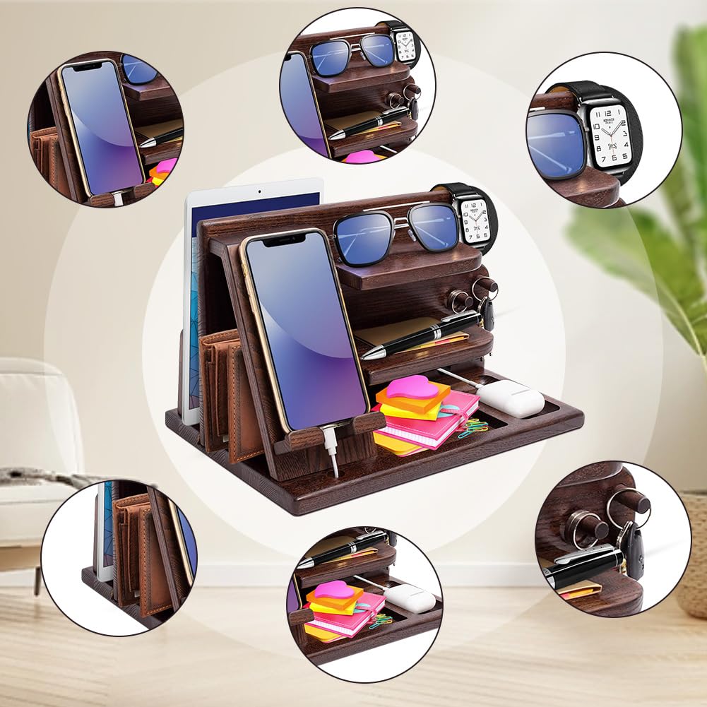 AliveByte Men's Bedside Organiser - Wooden Phone Docking Station & Table Organiser - Brown - 3 Levels - Easy Assembly - Gift for Him - image 4