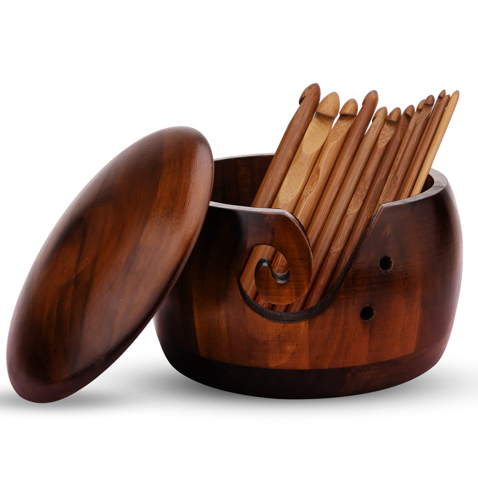 Bamboo Yarn Bowl with Lid and 12-Piece Crochet Hook Set