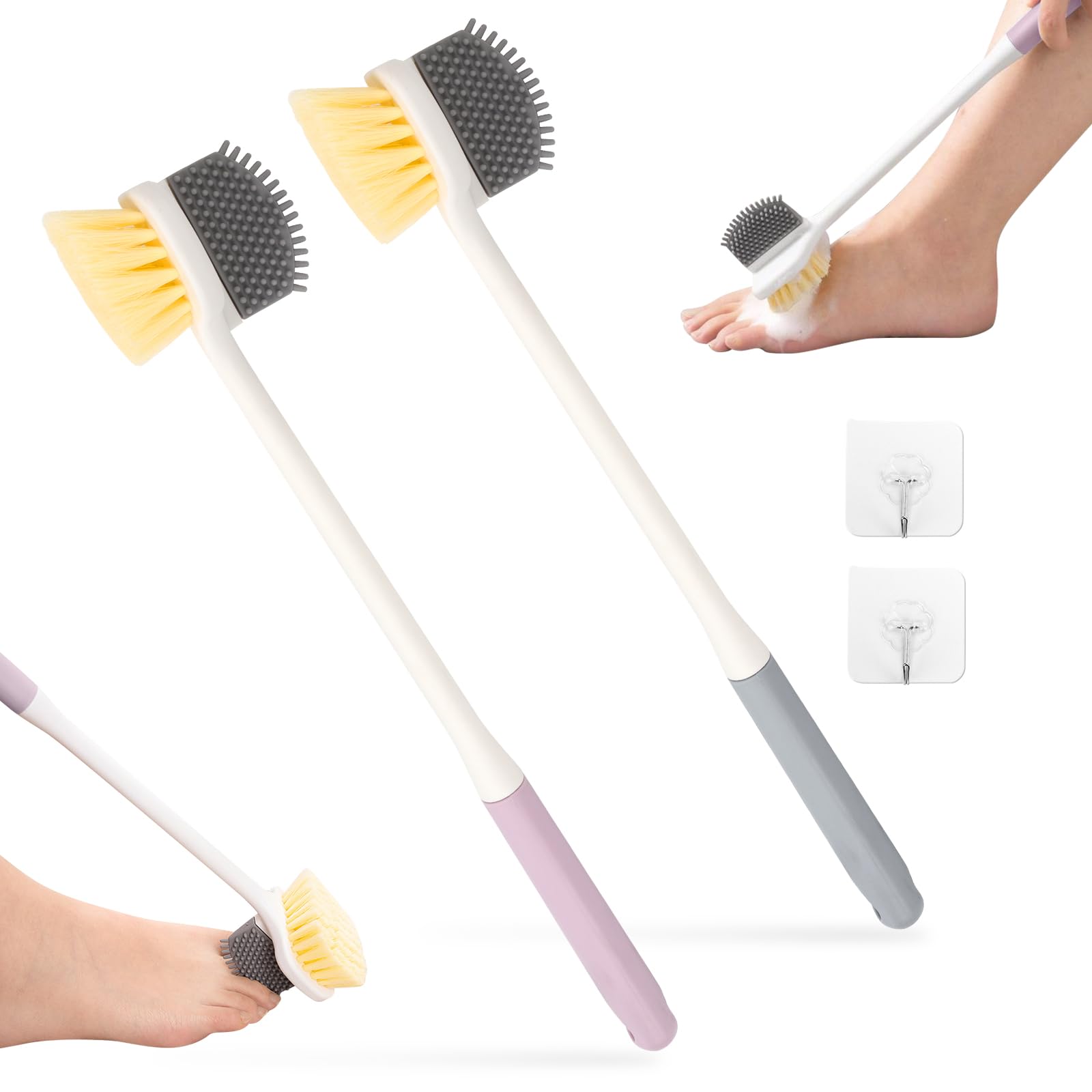 SHMSHNG Long Handle Foot Brush for Shower | 2-Pack Toe Gap Cleaning Brush