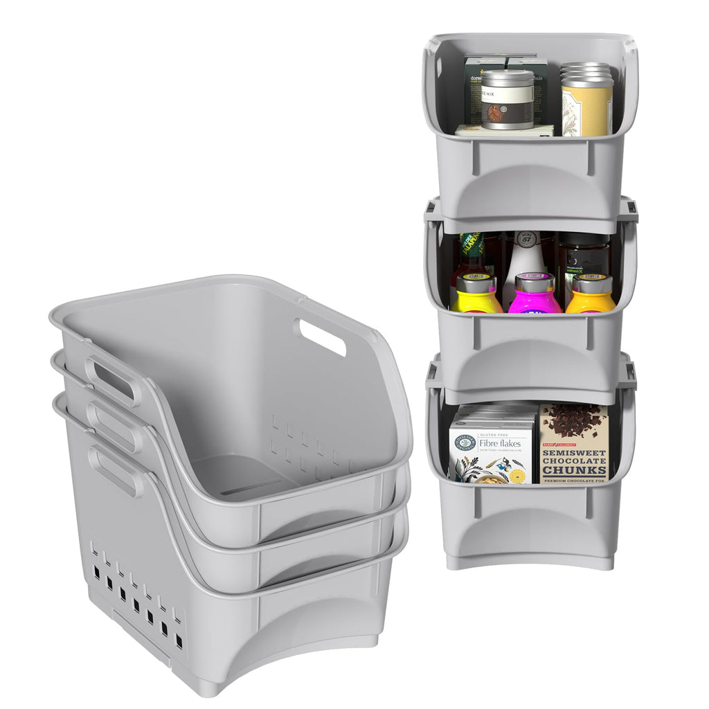 Vareone 3 Pack Open Front Storage Baskets, Plastic Kitchen Stacking Baskets for Organizing Fruits Vegetables Condiments, Gray