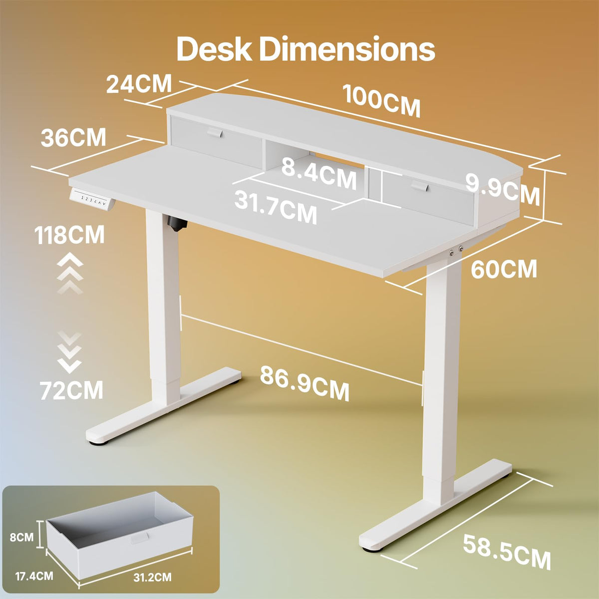 HUANUO Standing Desk with Drawers, 100x60cm, White - image 5