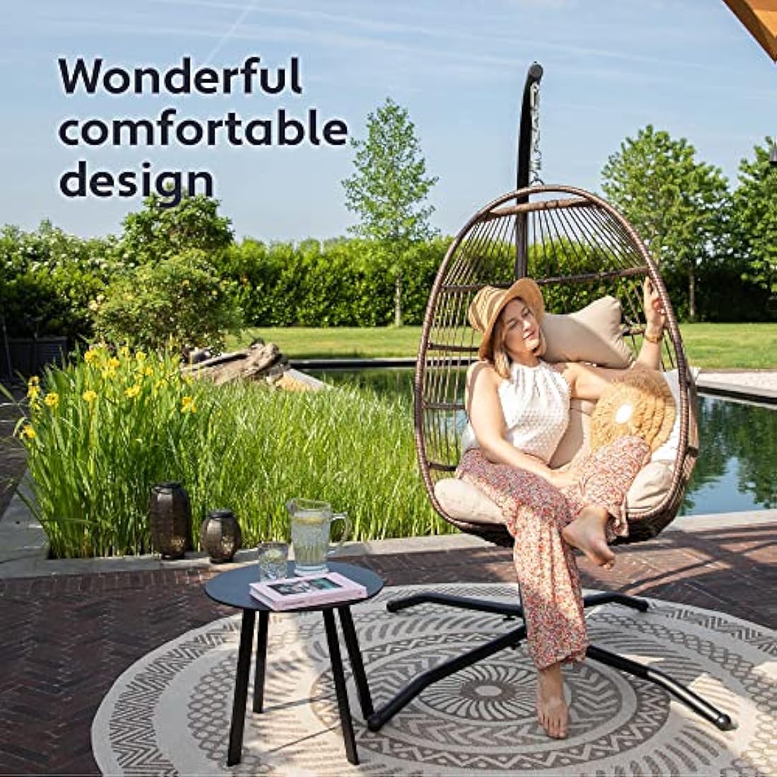 Vita5 Foldable Hanging Egg Chair with Frame | Polyrattan Swing – Beige