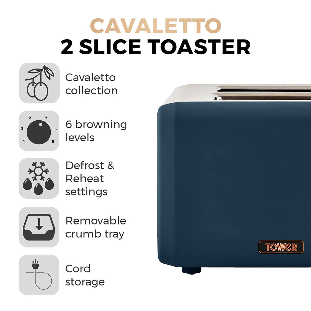 Tower Cavaletto 2-Slice Toaster | Midnight Blue & Rose Gold | 850W