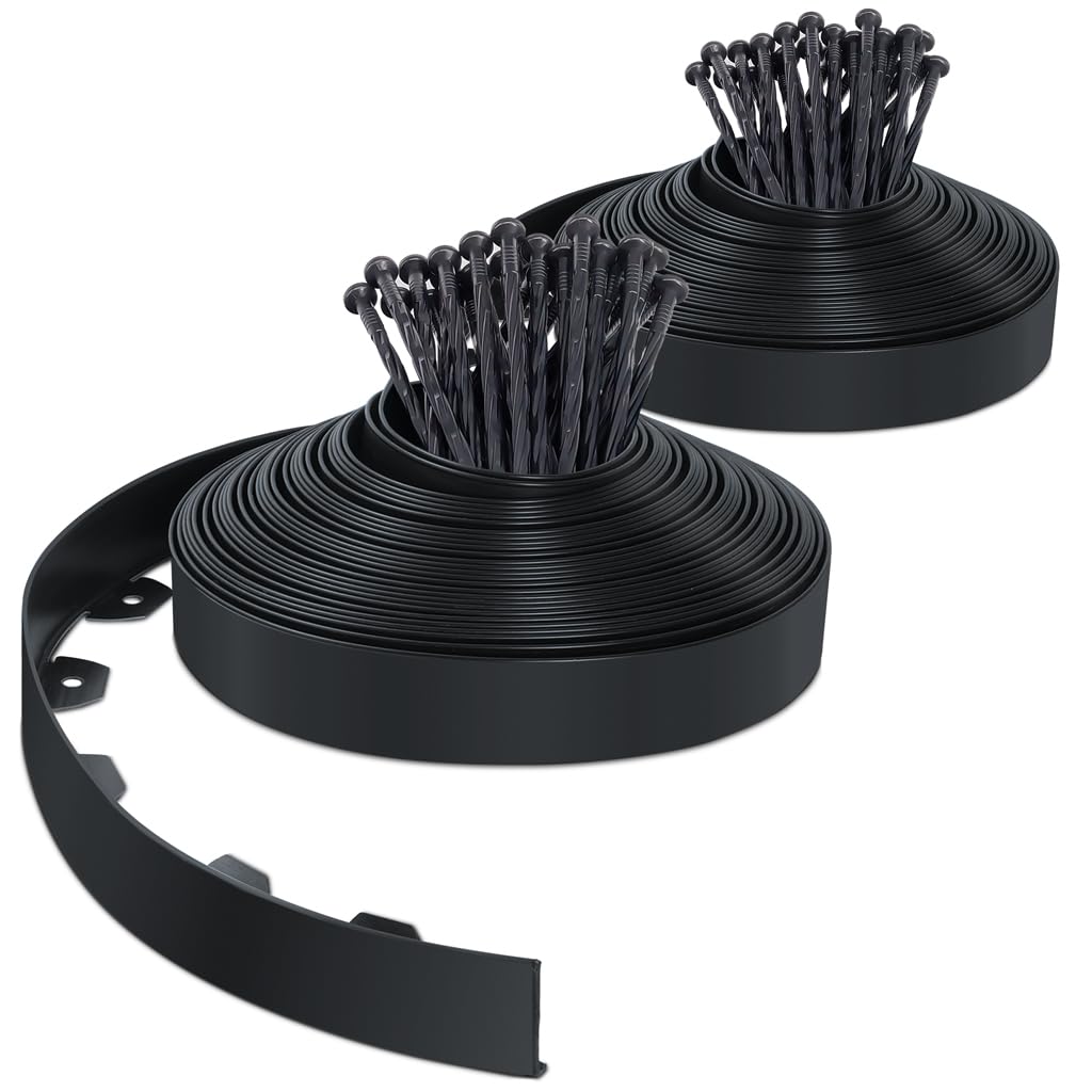 VOUNOT 40m Flexible Lawn Garden Edging Border | 80 Pegs | Black PVC