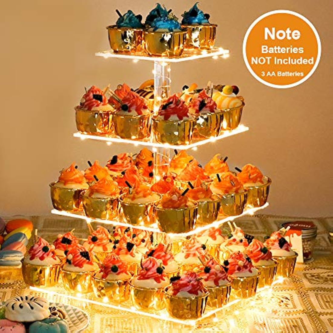 Jolof Store 4 Tier Acrylic Cupcake Stand with LED Light - 52 Cupcake Tower