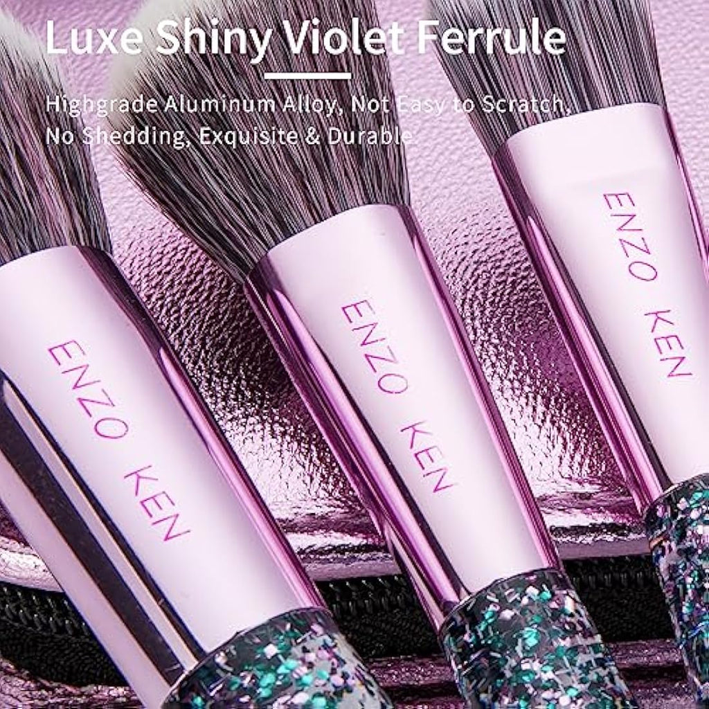 ENZO KEN Professional Vegan Makeup Brushes Set with Case – Purple Glitter