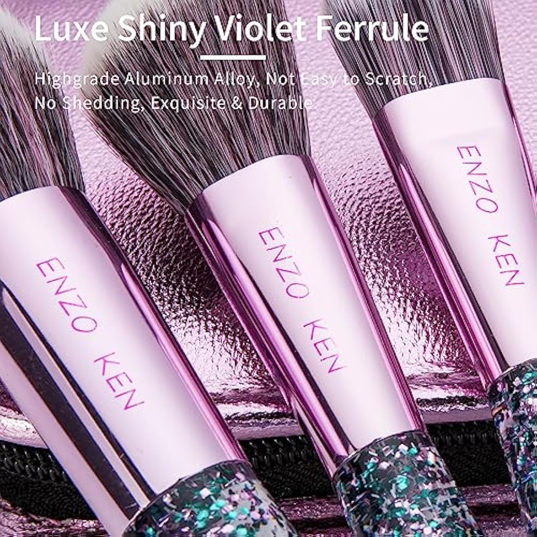 ENZO KEN Professional Vegan Makeup Brushes Set with Case – Purple Glitter