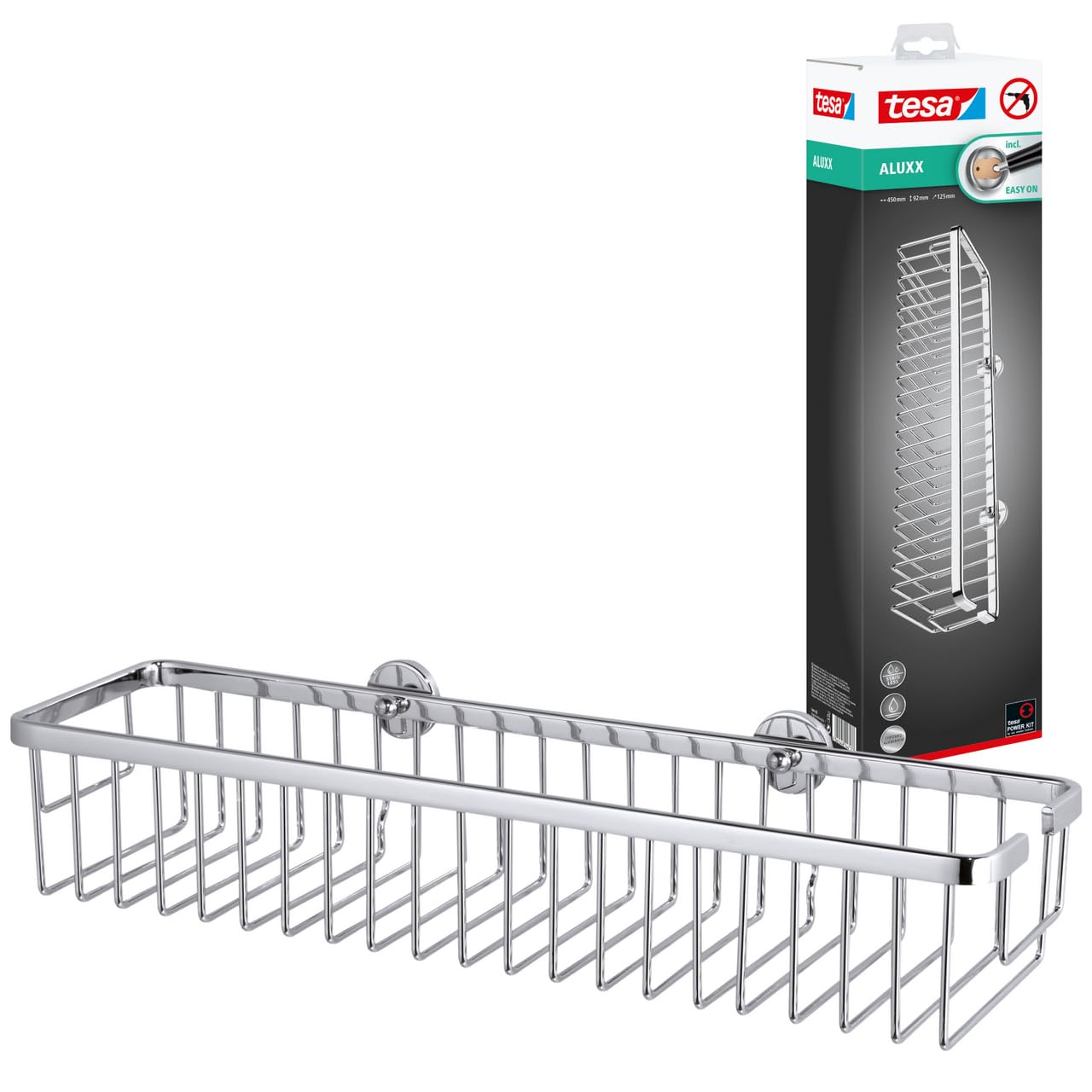 tesa Aluxx Wide Shower Storage Basket | Chrome Aluminum Adhesive Shelf