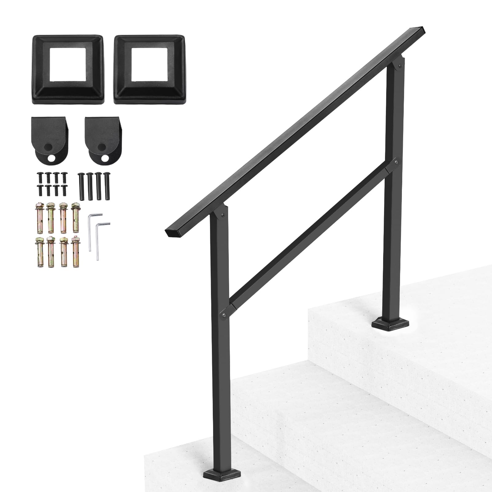 VEVOR Outdoor Handrails for 2-3 Steps | Black Carbon Steel Stair Rail