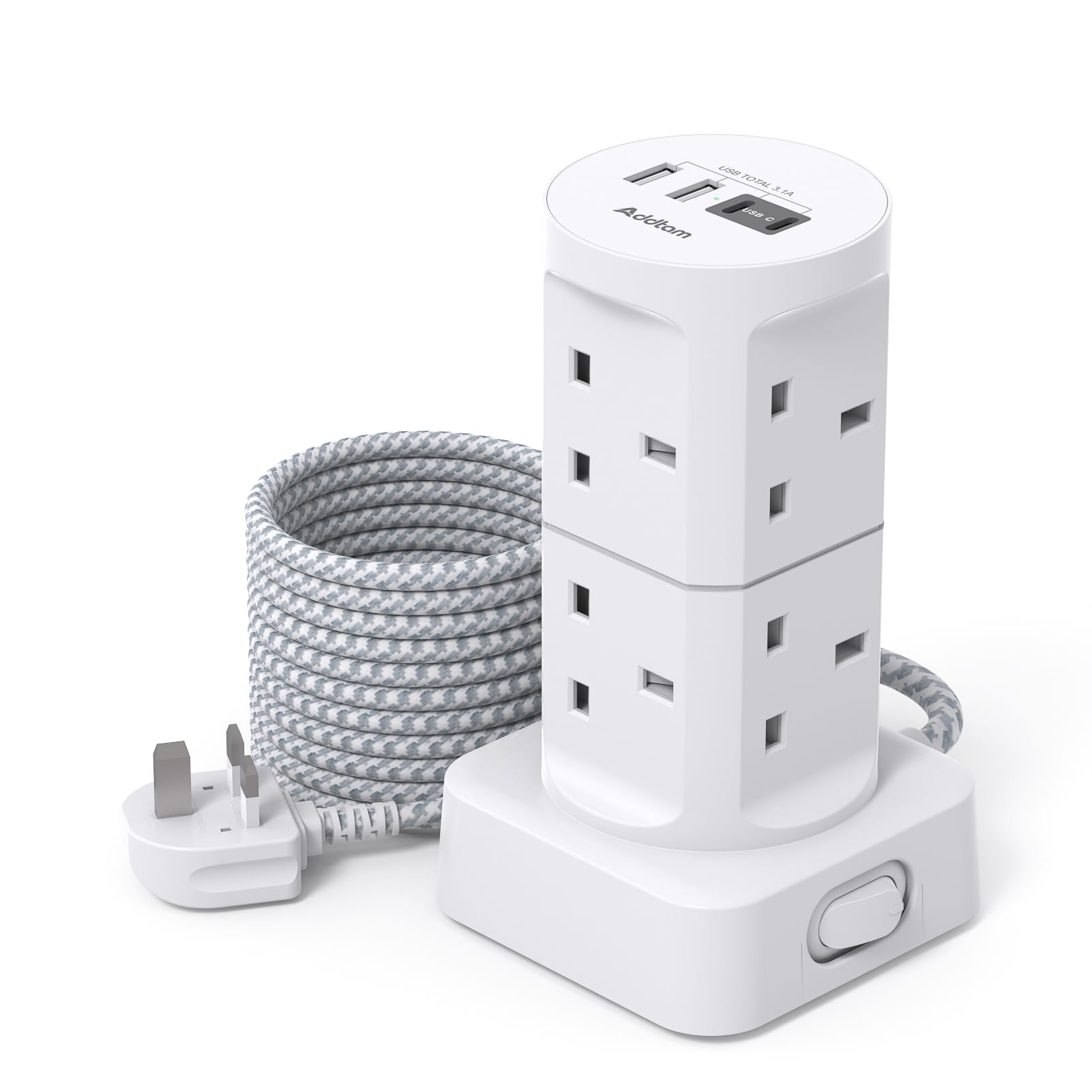 8-Way Tower Extension Lead with 4 USB Ports | 1.8M Cable