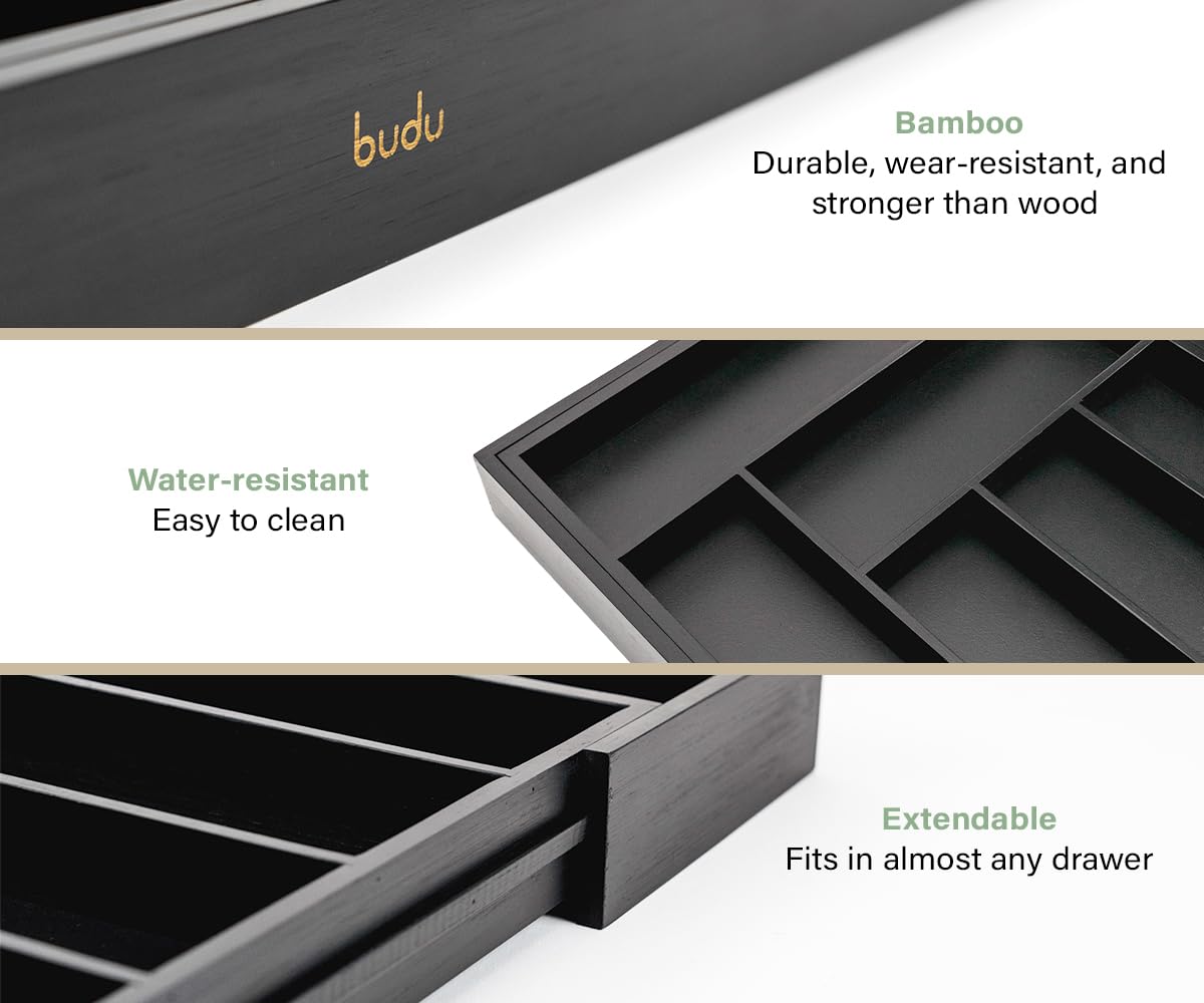 Budu Expandable Bamboo Cutlery Tray - Black Kitchen Drawer Organiser