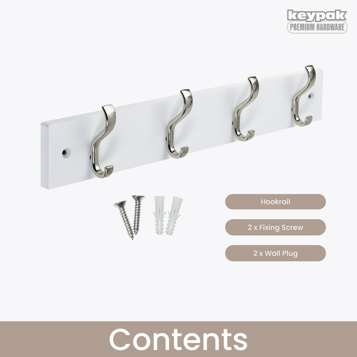 keypak Wall-Mounted Coat Rack – 4 Nickel Hooks on Stylish 38cm White Base