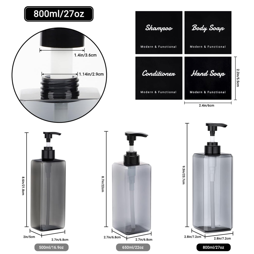 Segus Hand Wash Dispenser, 3 Pieces 800ml Grey Soap Dispenser, Refillable Shampoo Bottles with Pump, Bathroom Bottles with Labels, for Hotel, School - image 2