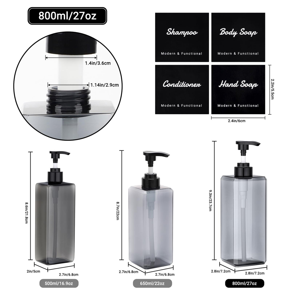 Segus Hand Wash Dispenser, 3 Pieces 800ml Grey Soap Dispenser, Refillable Shampoo Bottles with Pump, Bathroom Bottles with Labels, for Hotel, School - image 2