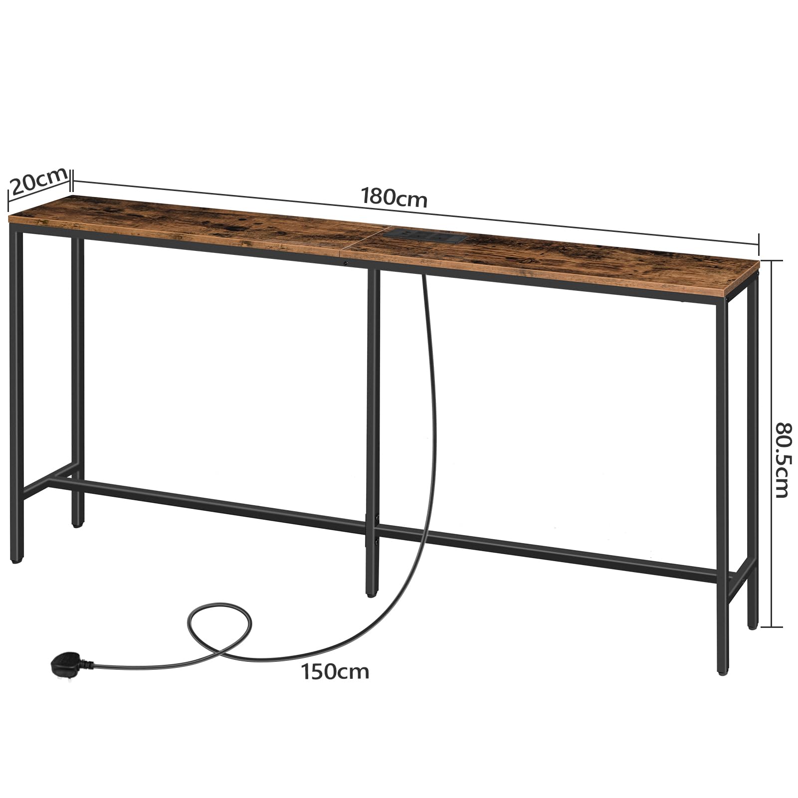 MAHANCRIS 180 CM Narrow Console Table with Power Outlet | Industrial Black