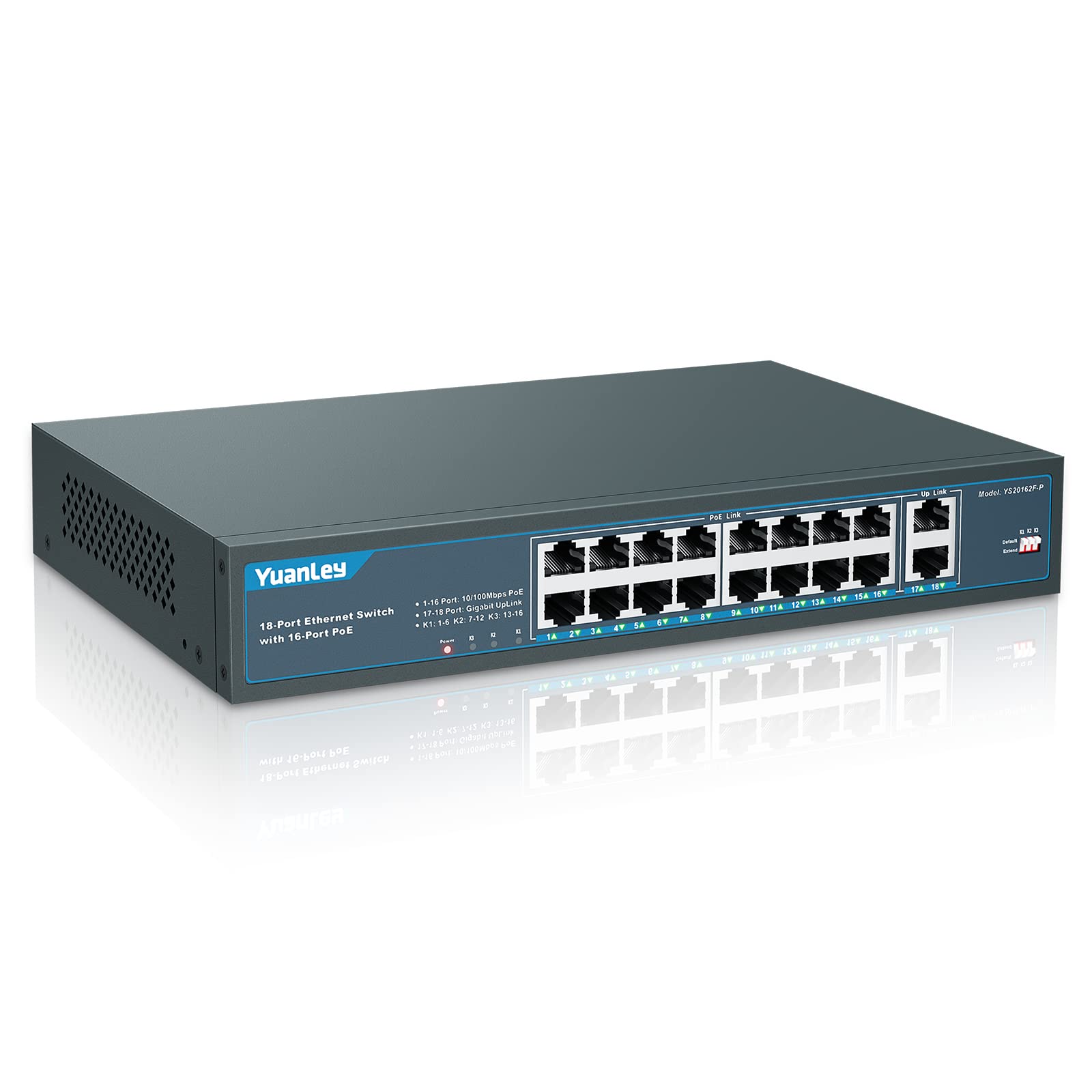 YuanLey 18 Port PoE Switch | 16 PoE+ 100Mbps | 250W Rackmount Unmanaged