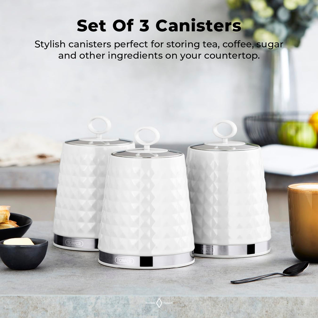 Tower Set of 3 Airtight Kitchen Canisters – 1.3L Stainless Steel, White