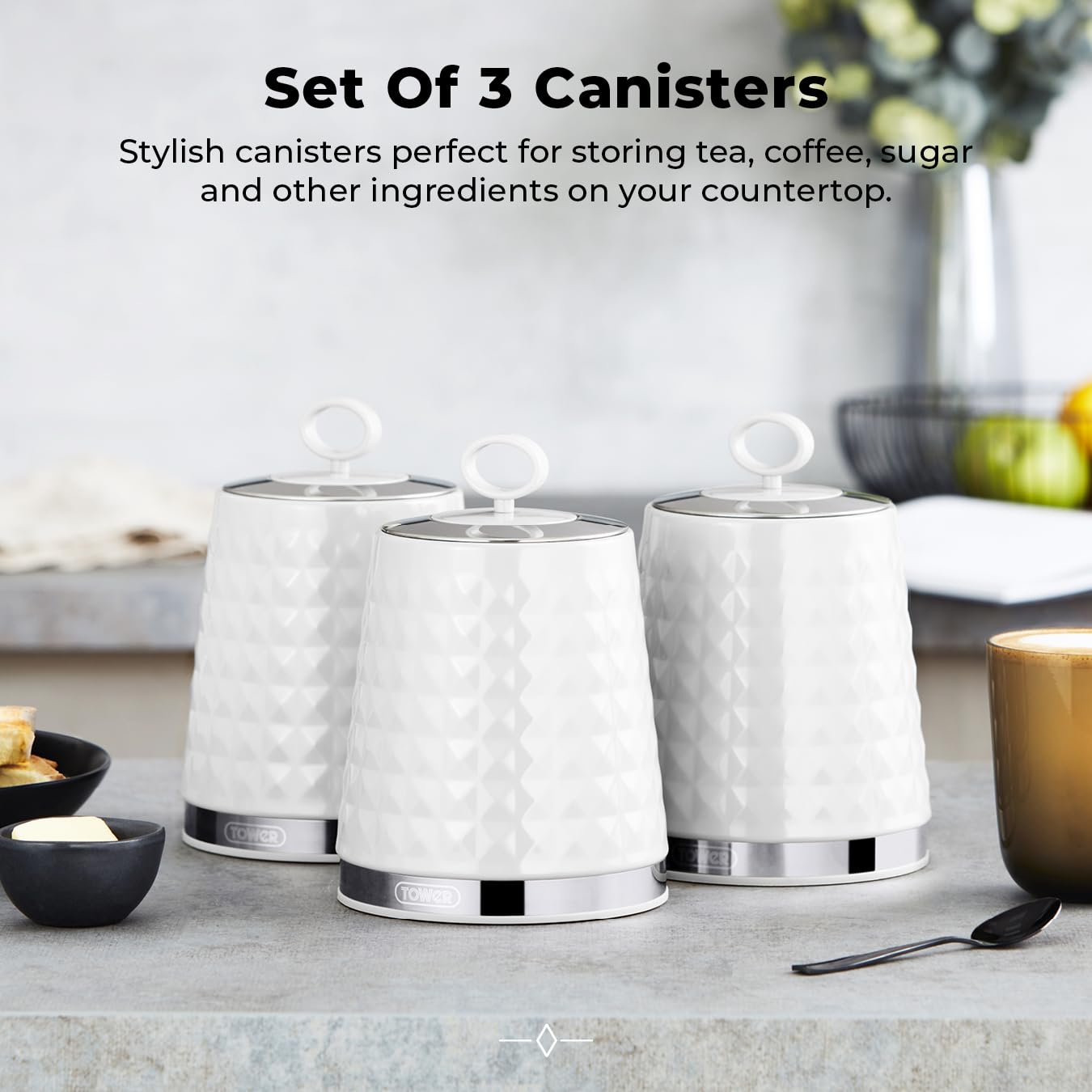 Tower Set of 3 Airtight Kitchen Canisters – 1.3L Stainless Steel, White