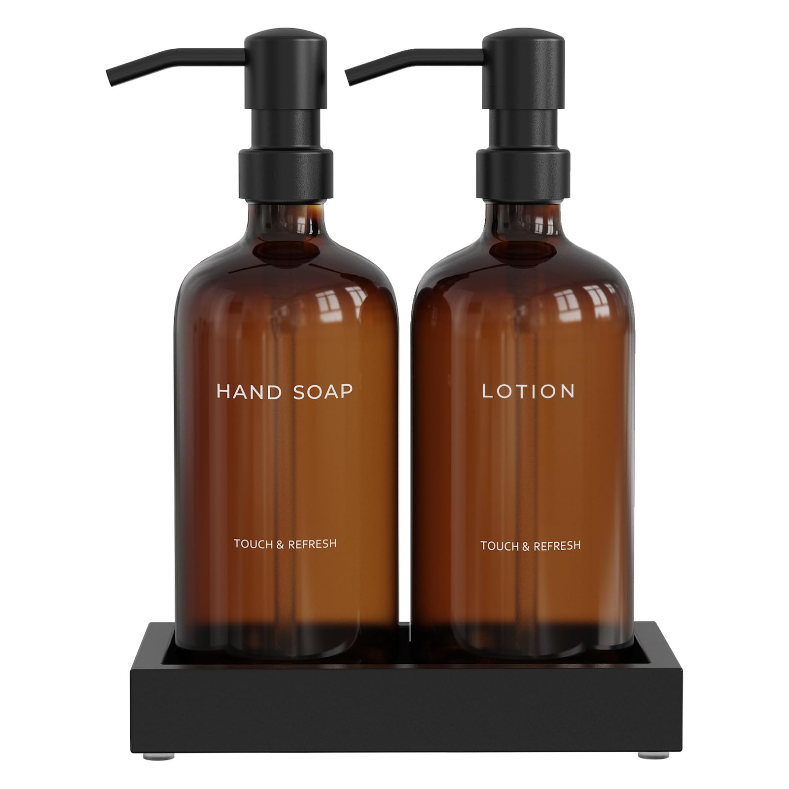Jolof Store Amber Glass Hand Soap and Lotion Dispenser Set with Tray