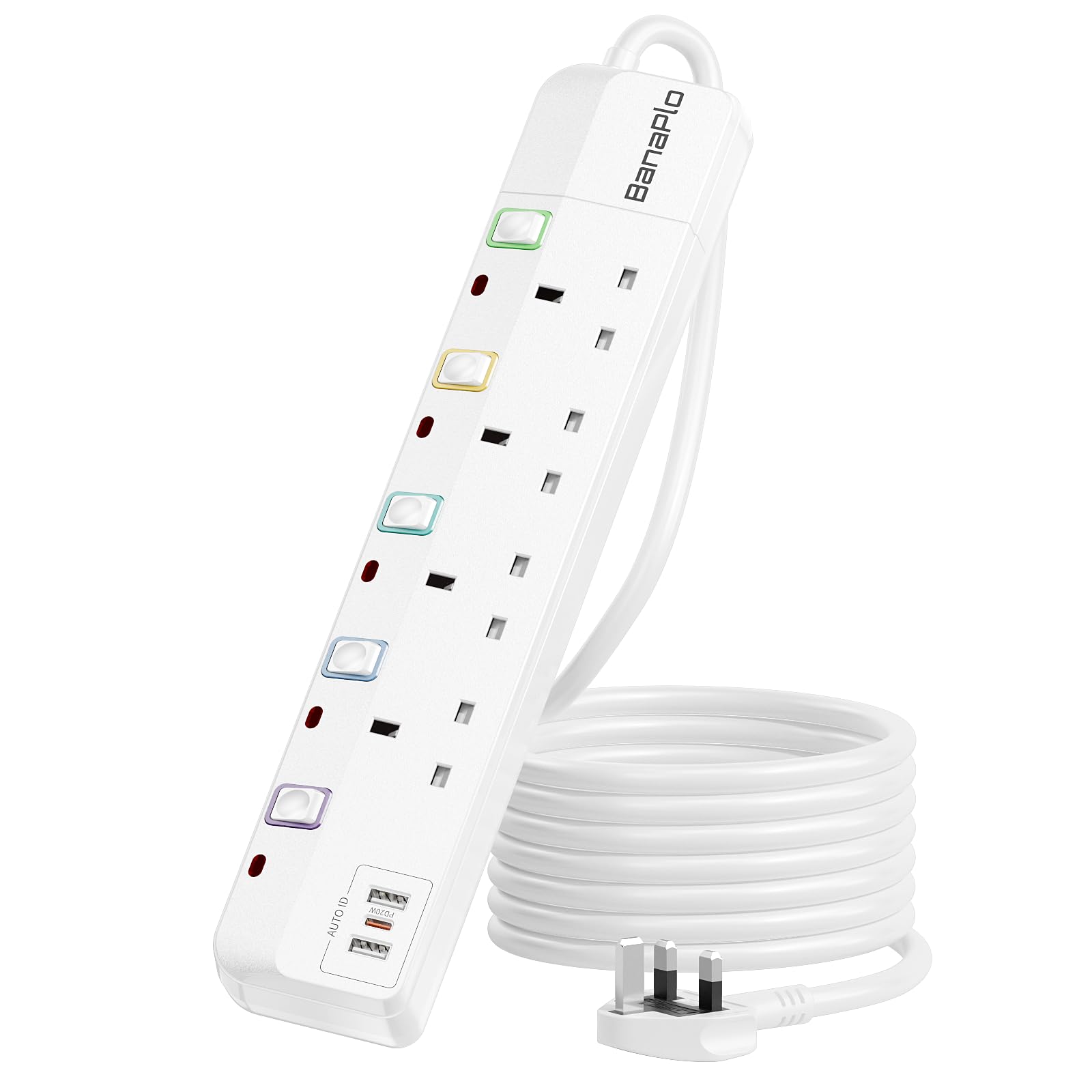 Jolof Store 4 Way Extension Lead – 3M Power Strip with 20W USB C Port