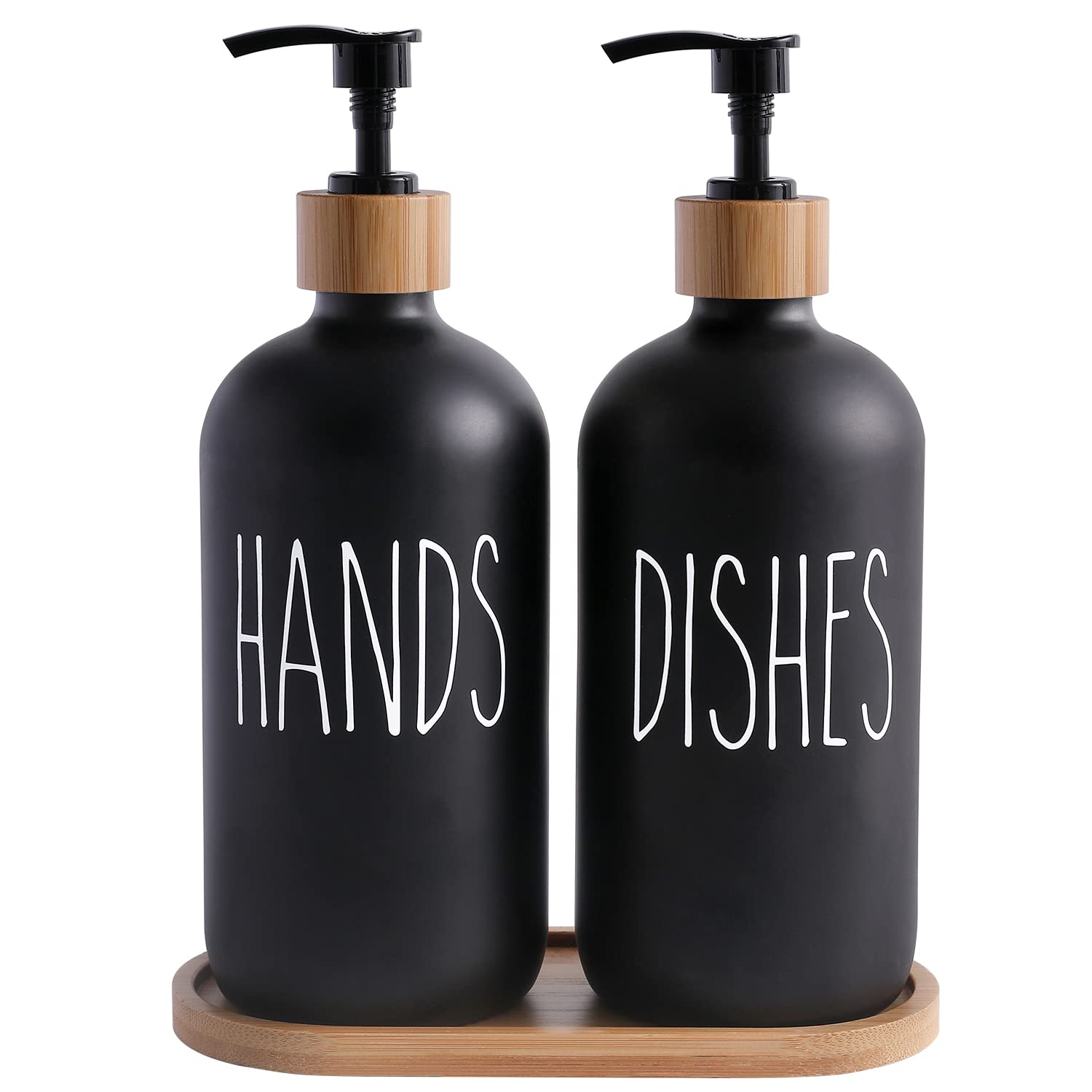 MOMEEMO Glass Hand and Dish Soap Dispenser Set with Bamboo Tray