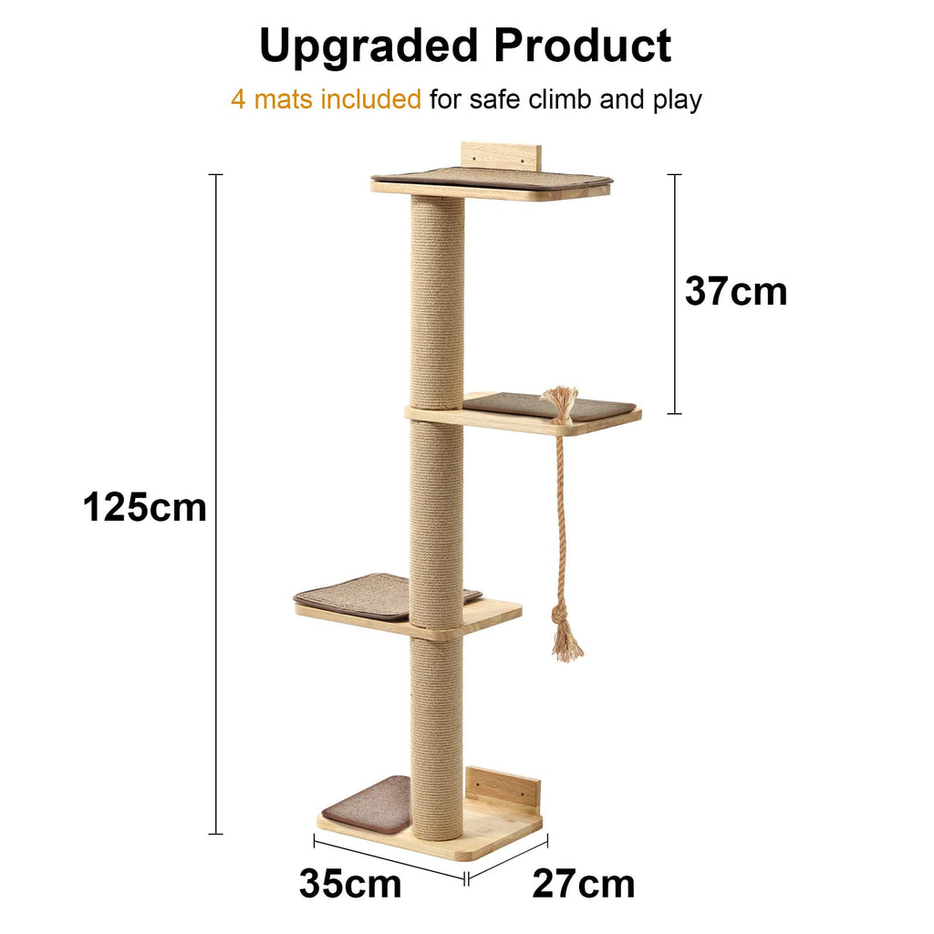 FUKUMARU Wall Mounted Cat Scratching Tree – 125cm Rubber Wood Jute Post