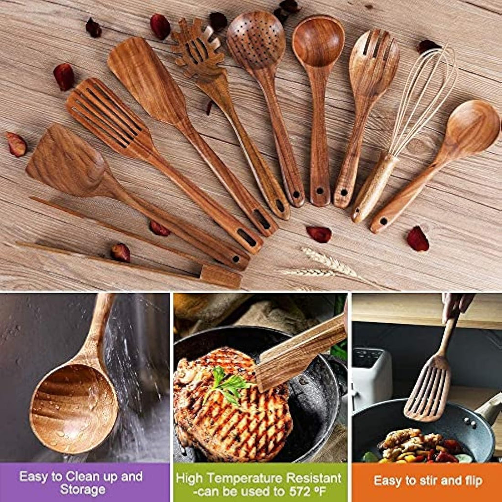Teak Wood Utensils – 10pc Nonstick Heat Resistant Kitchen Set