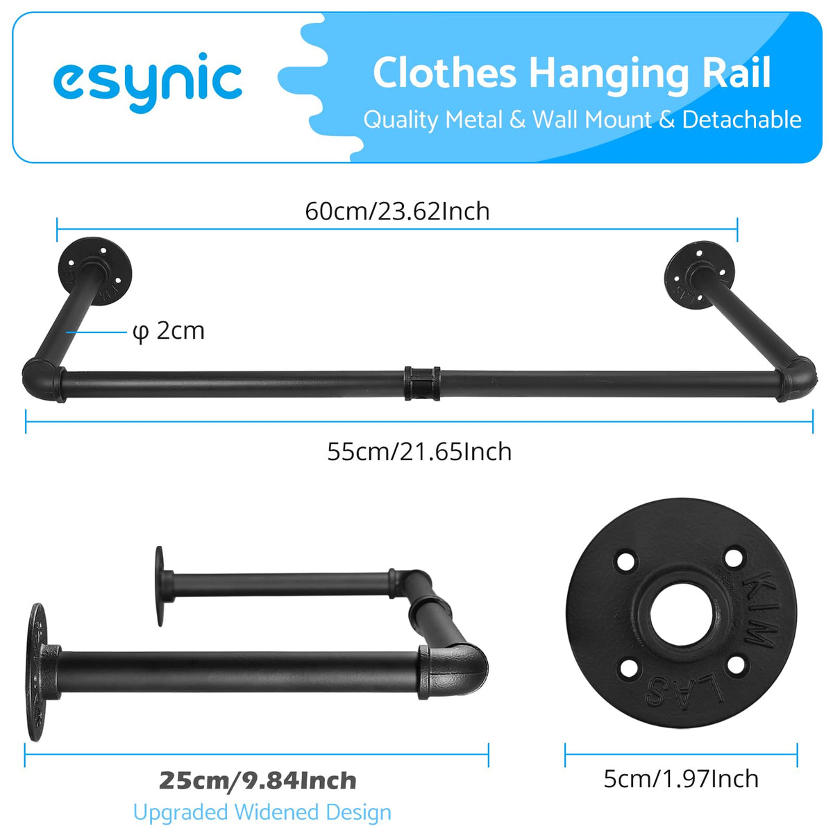 eSynic 60cm Black Industrial Wall Mounted Clothes Rail Heavy Duty - image 2