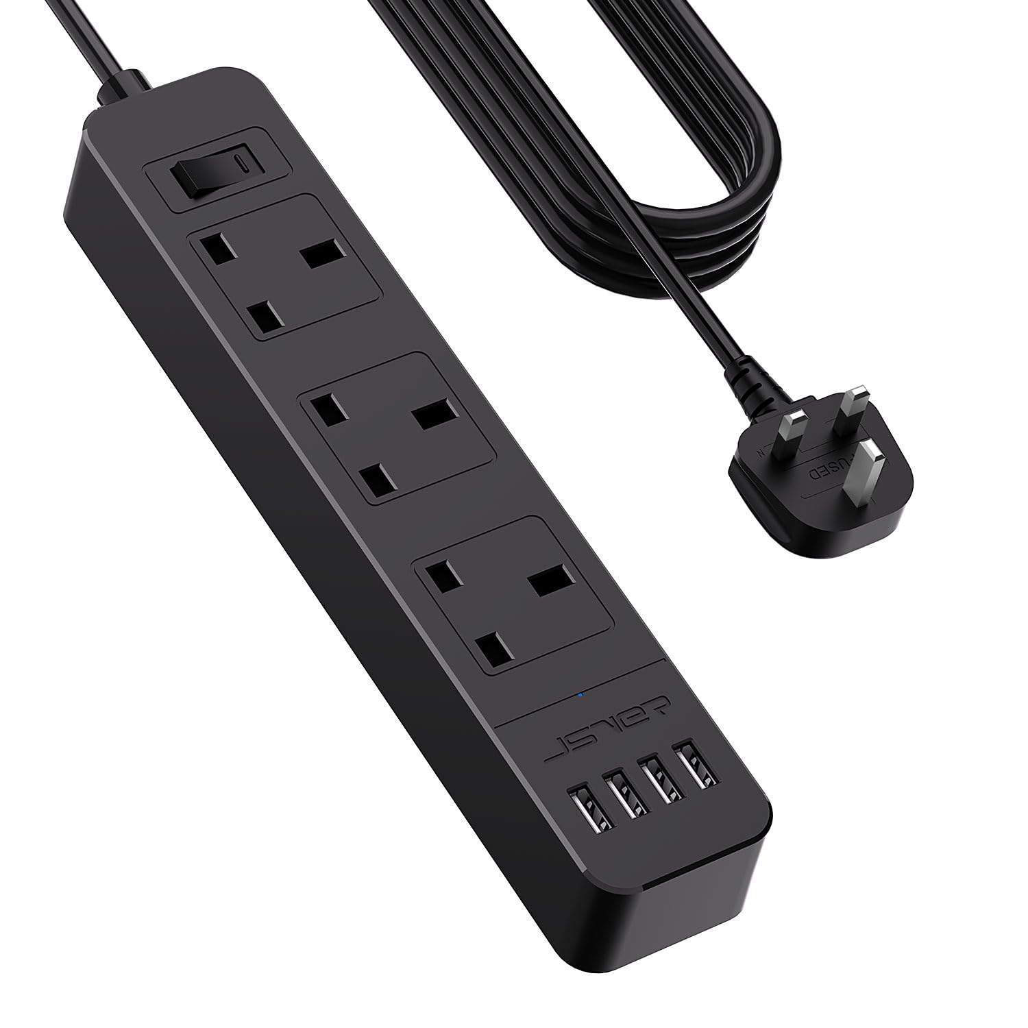 JSVER 5M Extension Lead – 3250W Power Strip with 3 Outlets & 4 USB