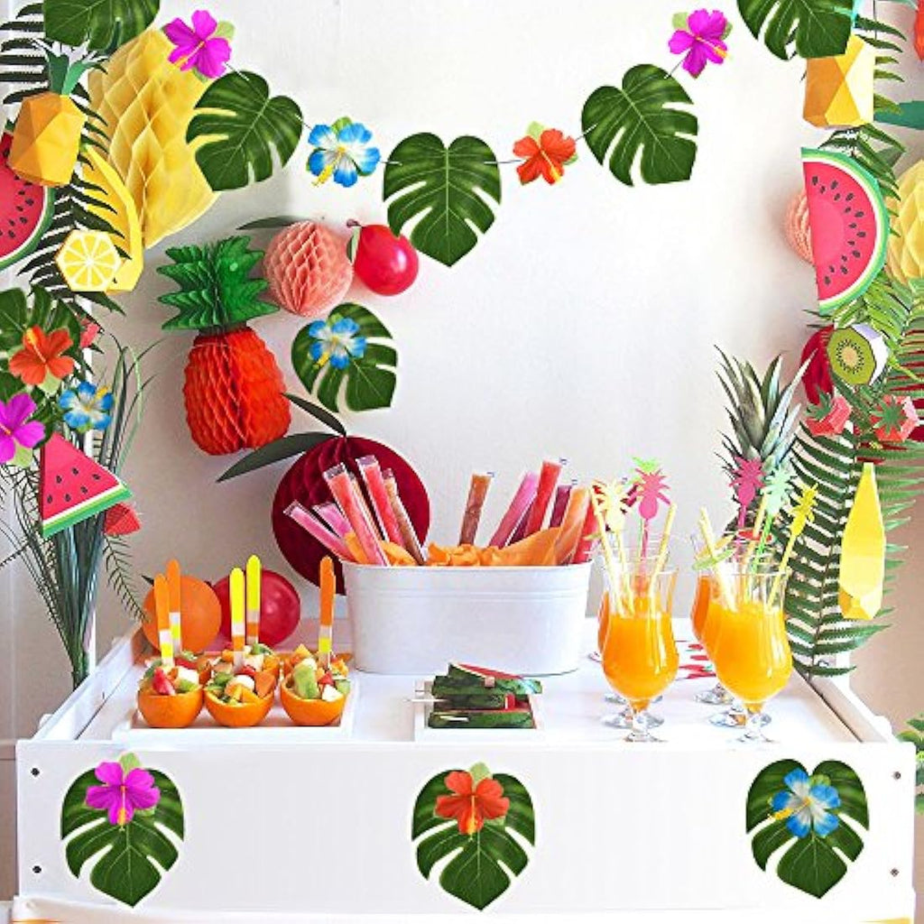 Jolof Store Tropical Palm Leaves & Hibiscus Flowers - 60 Pc Luau Decor