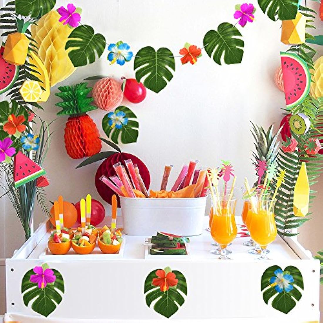 Jolof Store Tropical Palm Leaves & Hibiscus Flowers - 60 Pc Luau Decor