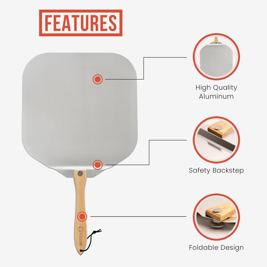 Chef Pomodoro Aluminum Pizza Peel - 18x20 Inch Foldable Wood Handle