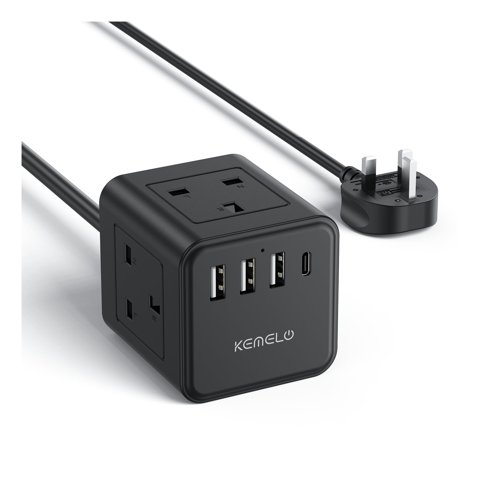 Kemelo 4-Way Cube Extension Lead with USB-C & 3 USB-A, 3M - Black