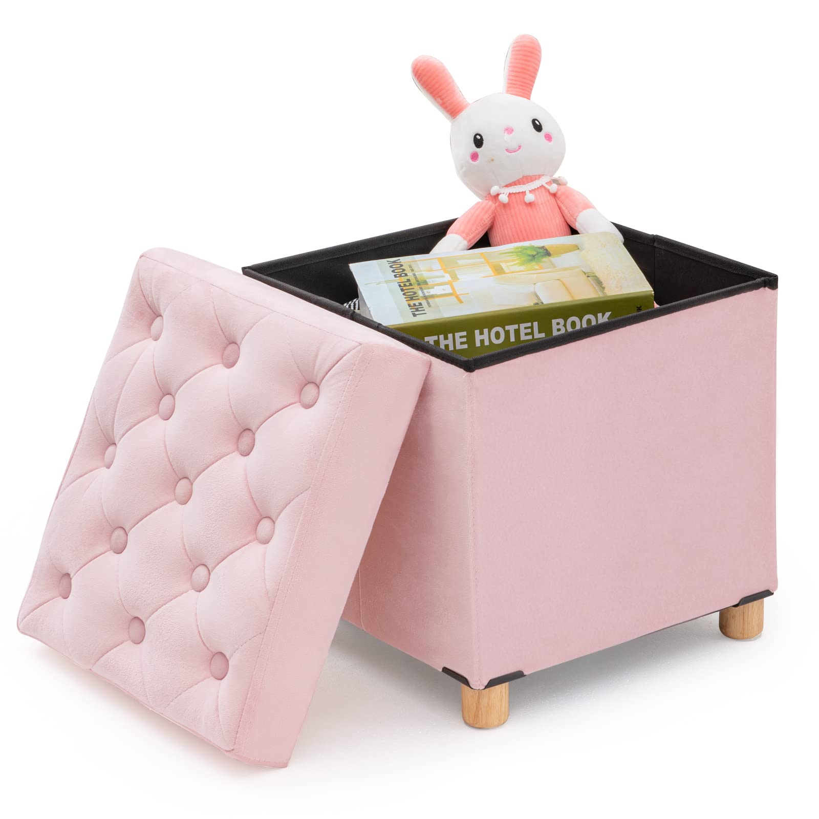 BRIAN & DANY Pink Velvet Folding Storage Ottoman with Wood Legs
