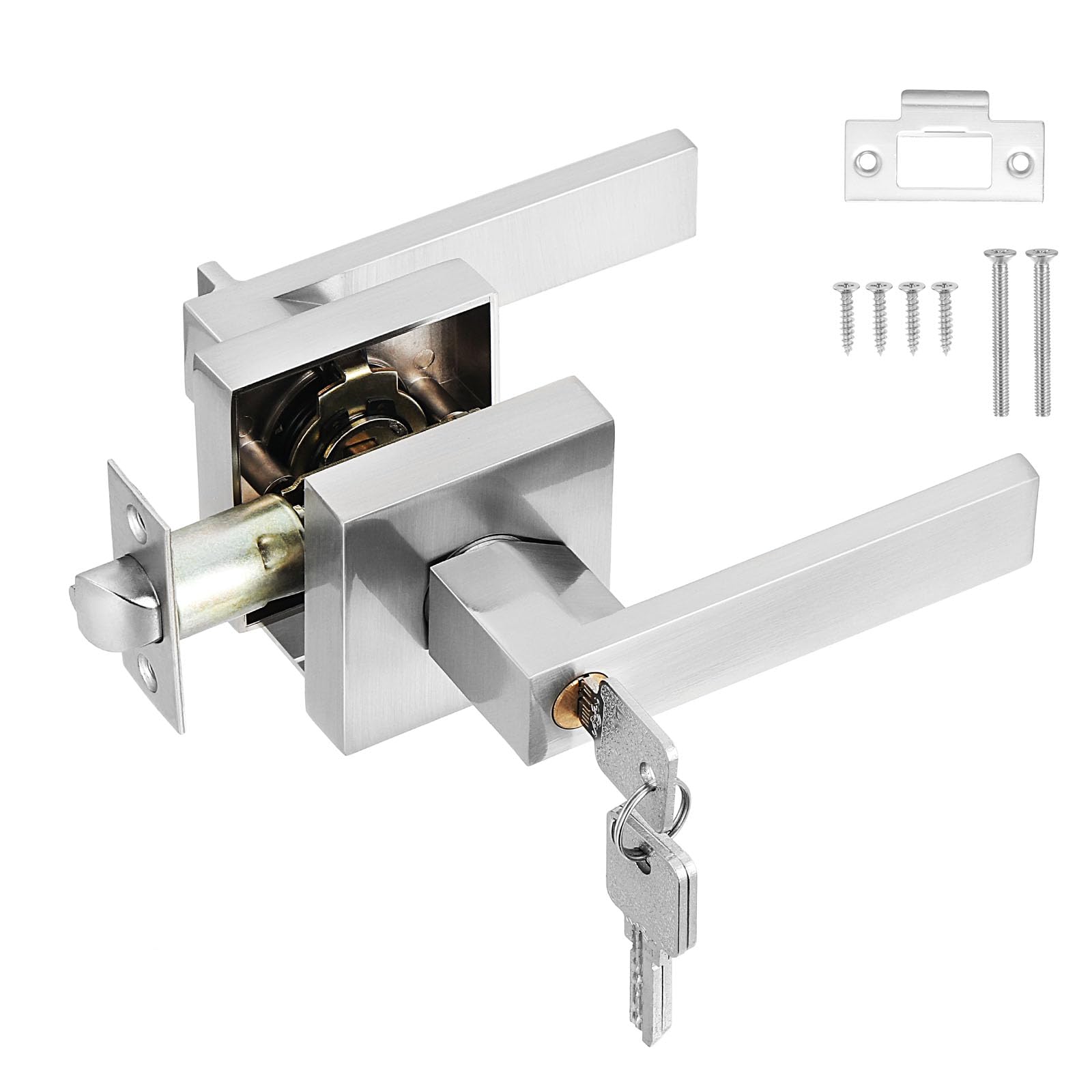 HSEAMALL Square Interior Door Lever Handle Lock with Keys – Silver