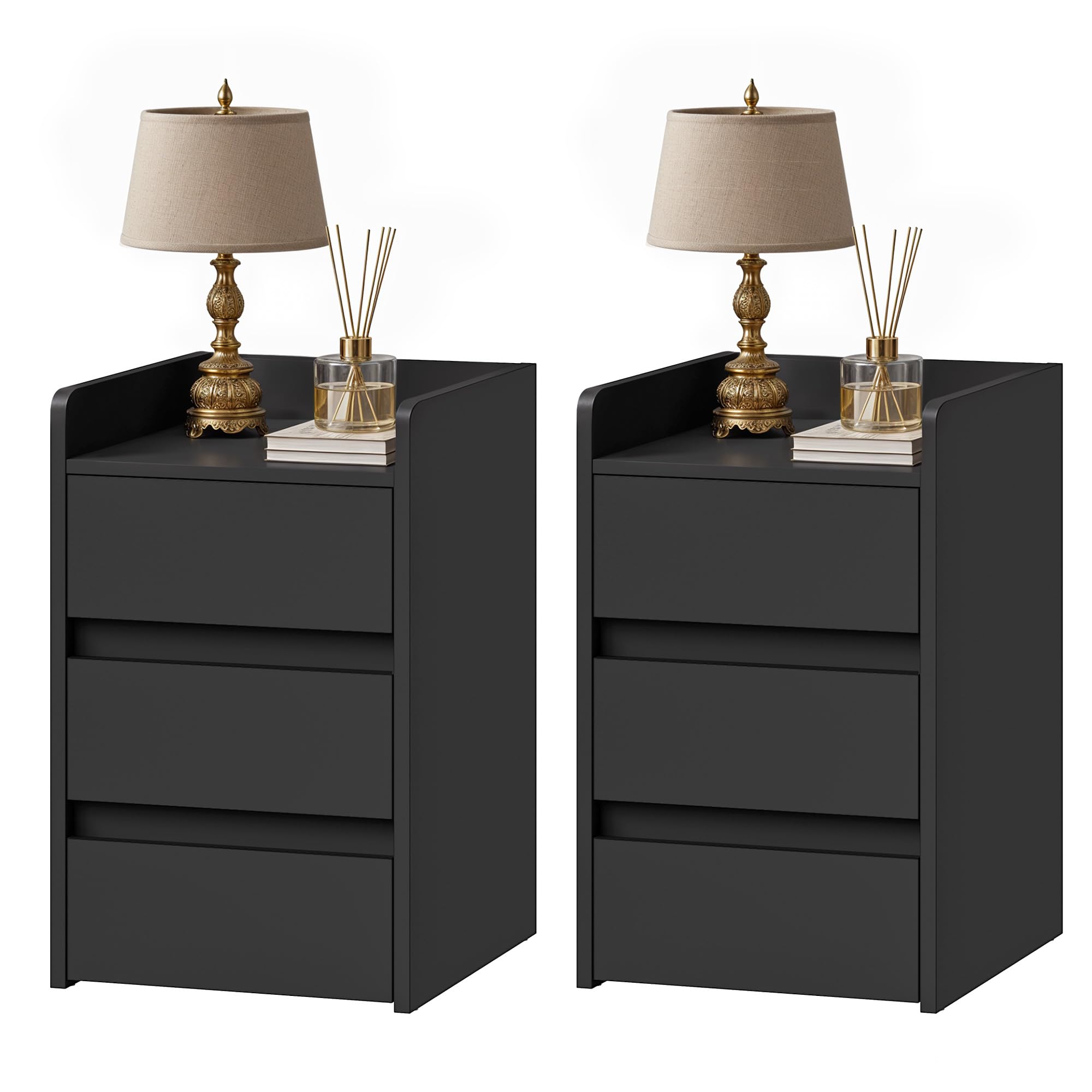 DWVO Set of 2 Nightstands with 3 Drawers | Modern Black End Tables