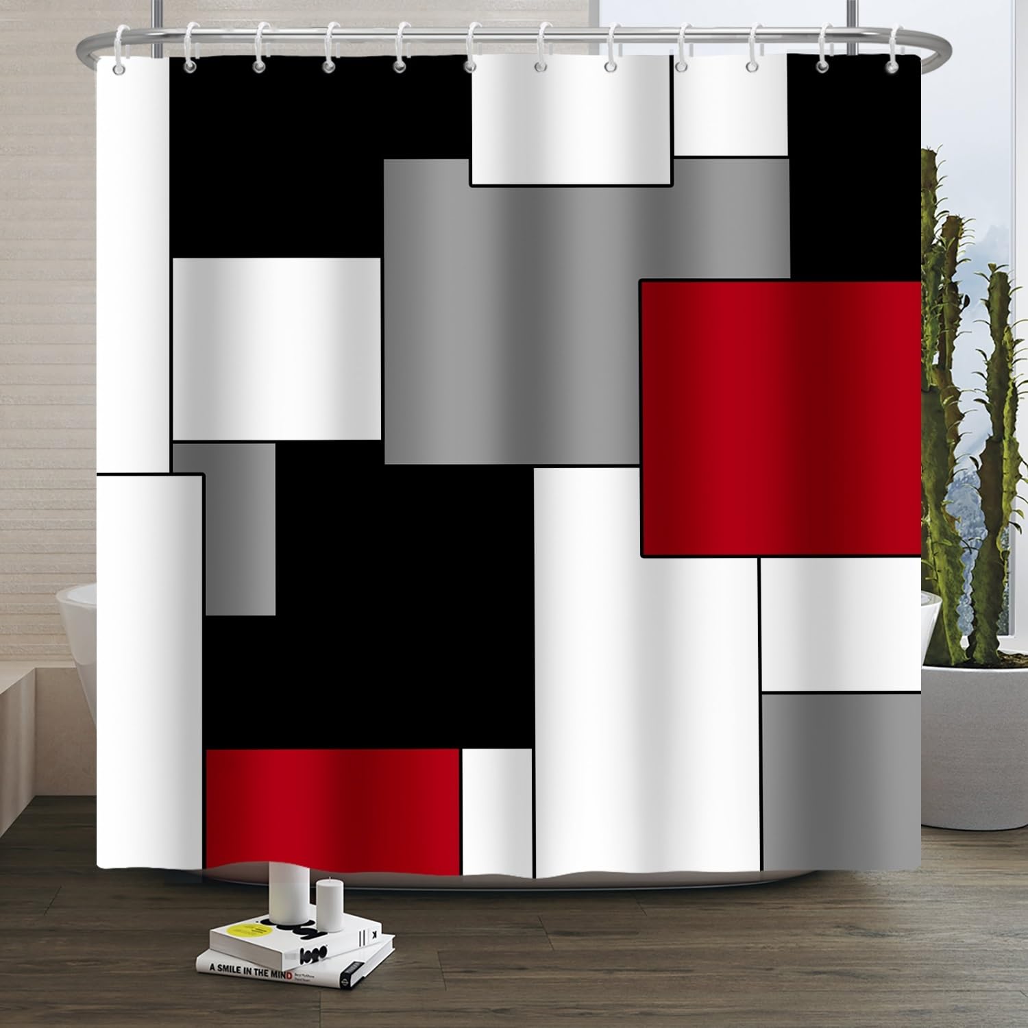 Geometric Shower Curtain – Red & Black Waterproof Polyester