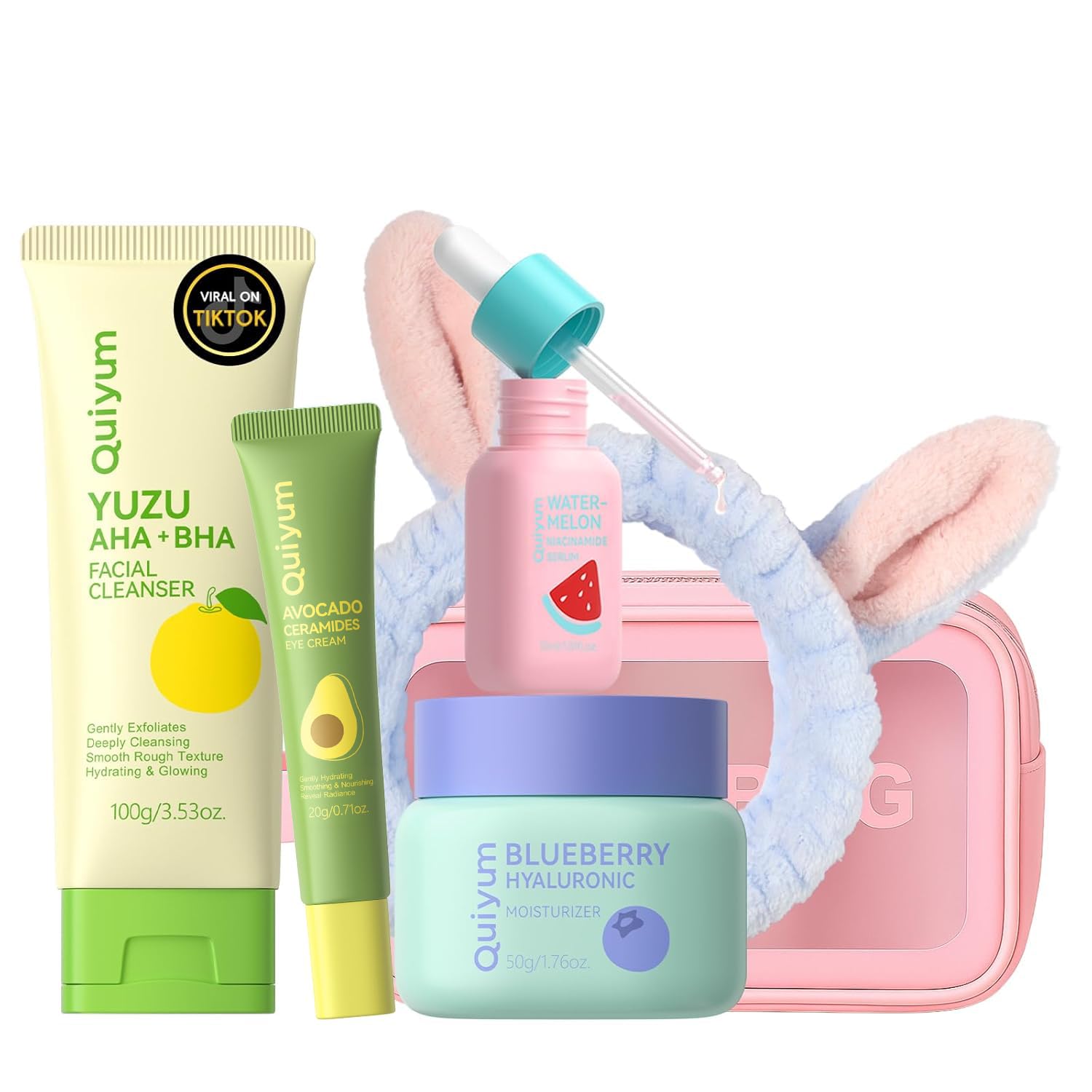 Quiyum Fruit Skincare Set - 6PCS Travel Face Care Kit with AHA & Niacinamide