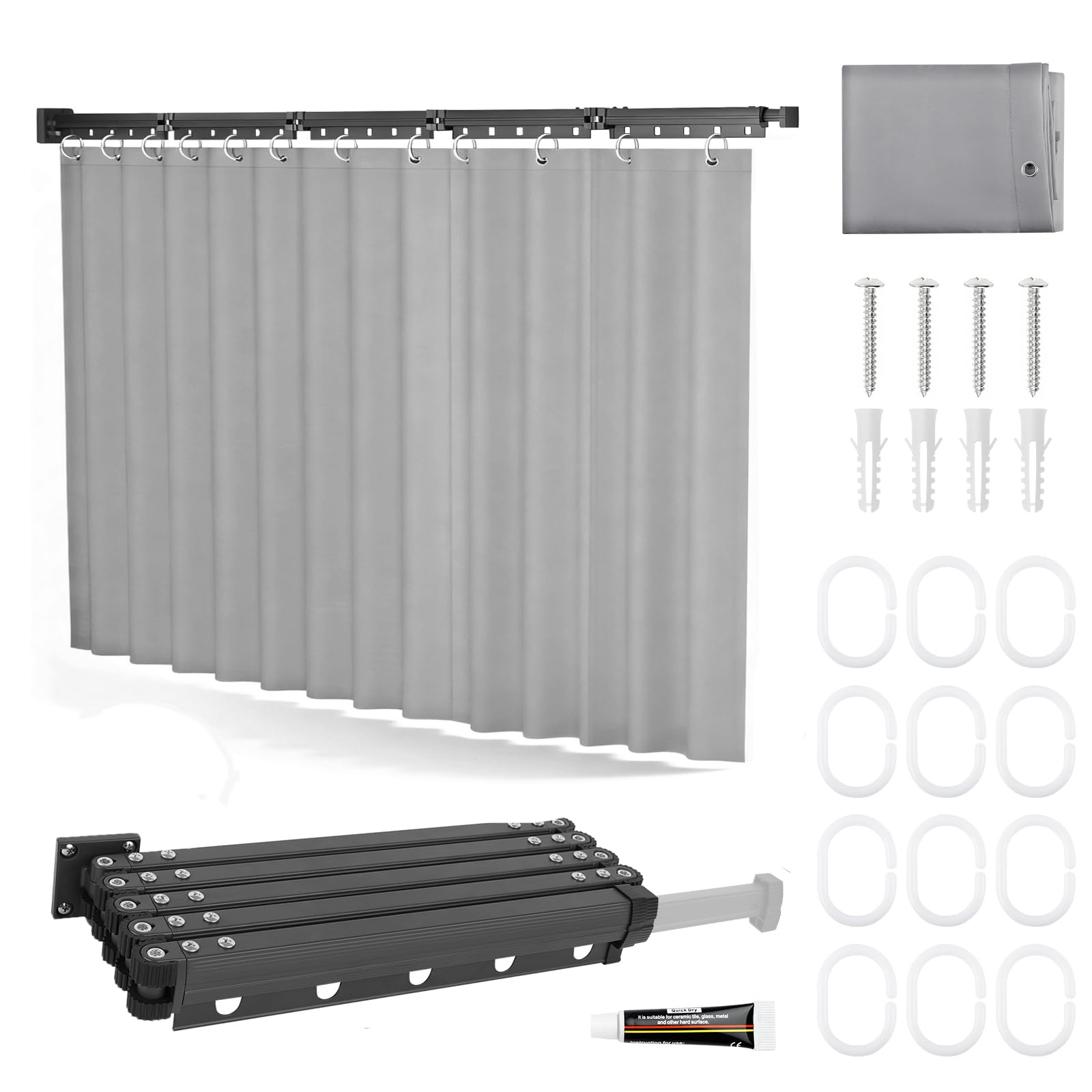 Foldable Shower Curtain Rod Set | No-Drill L-Shape Grey Curtain