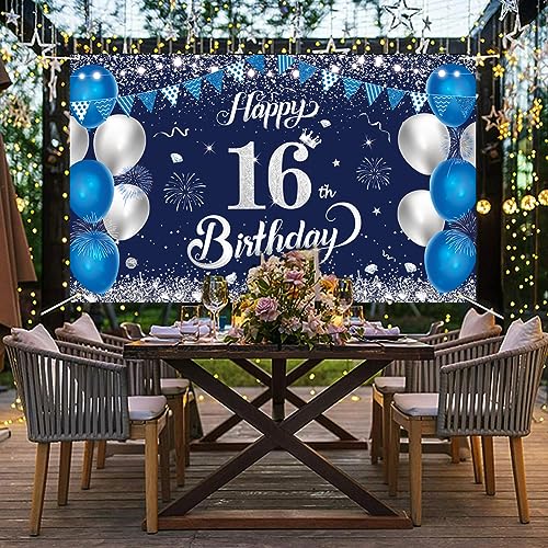 16th Birthday Banner - Navy Blue & Silver Party Backdrop