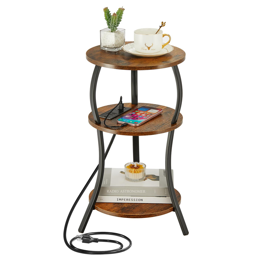 YEAKOO Small Side Table with Charging Station,3-Tier Round end Table - image 1