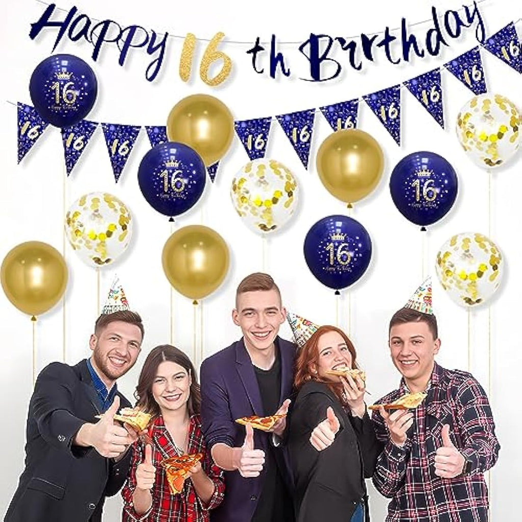 Wonsta Boys 16th Birthday Decorations – Navy Blue and Gold Banner Kit