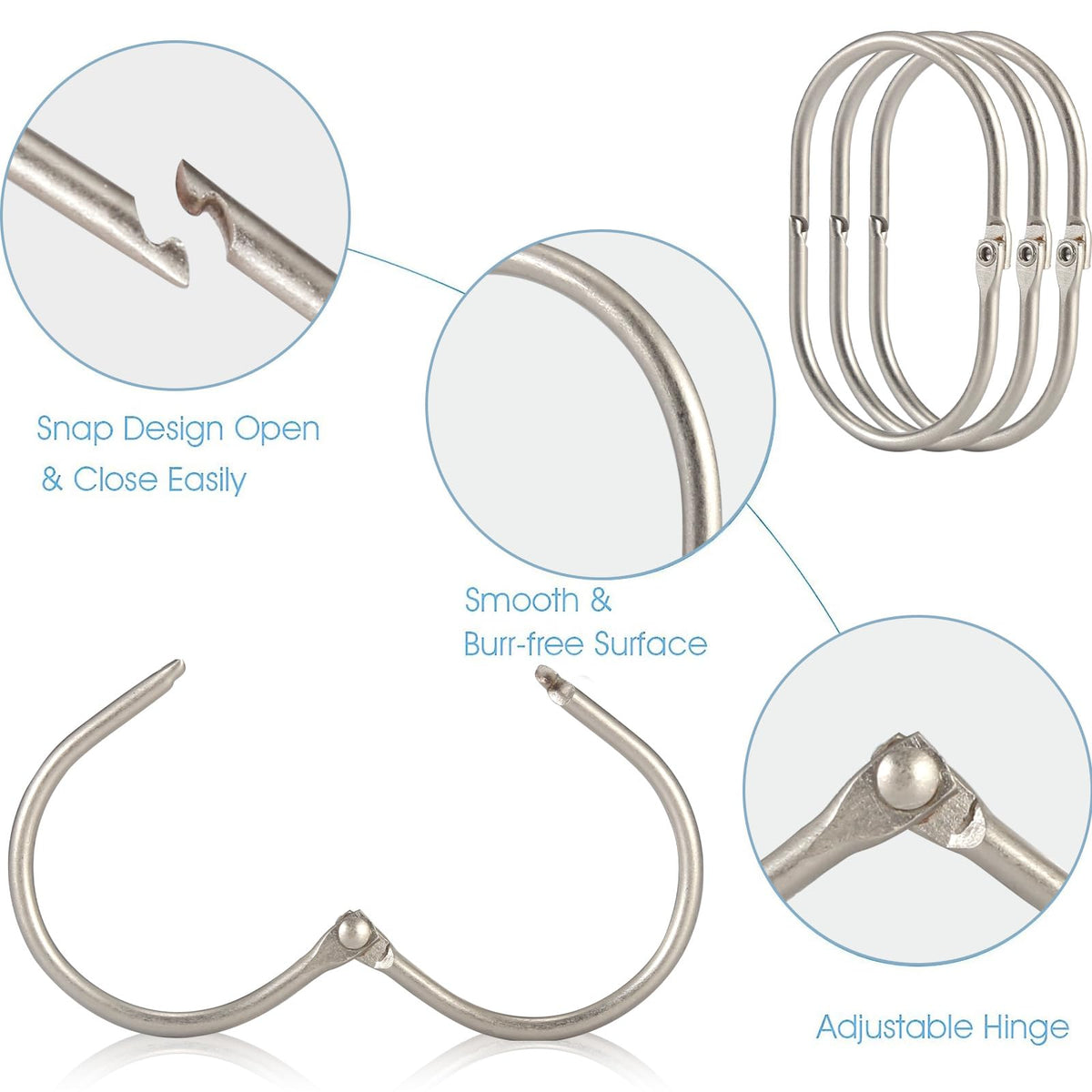 Goowin Shower Curtain Hooks, 12 Pcs Shower Curtain Rings Rust Proof Metal Oval Rings Clasp Closed Shower Curtain Rings for Bathroom Shower Rods - image 4