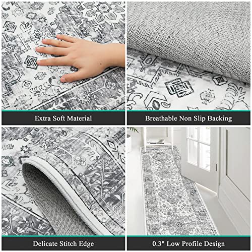 Enyhom Grey Runner Rug | 60x240cm Non-Slip Washable Moroccan Carpet